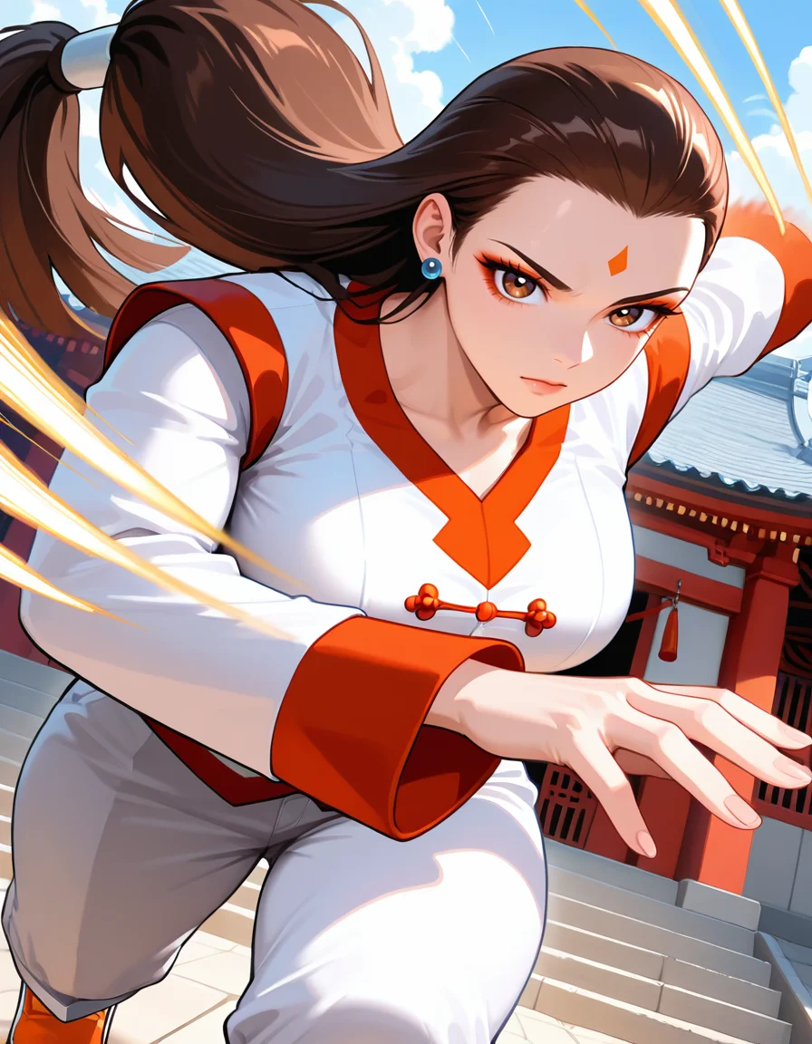(masterpiece, best quality, ultra-detailed, very aesthetic), general, newest, (1girl, solo:1.5), looking at viewer, (portrait:1.5), outdoors, blue sky, cloudy sky, east asian architecture, temple, stairs, gate,
emphasis lines, speed lines, motion lines, motion blur, dutch angle,
expressionless, (fighting, energy speed lines, energy motion lines, energy motion blur:1.4),
<lora:mm-crane:1> (retro artstyle:0.8), (mm-crane), (kung fu, brown eyes, brown hair, low-tied long hair, hair slicked back, orange forehead mark, blue earrings, red outer corner eyeshadow, makeup, large breasts), (white chinese clothes, layered sleeves, white pants, dark orange shoes)