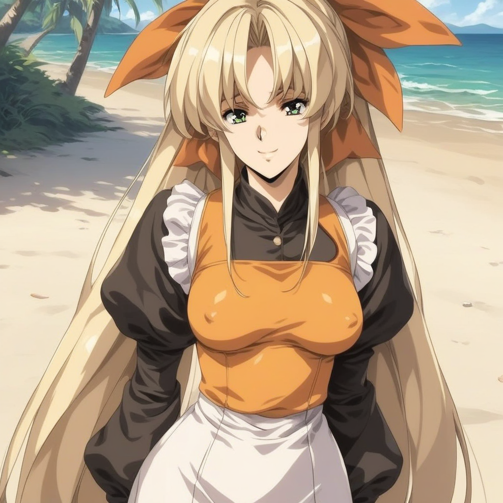 fr0nt1nn0c3ntStyl3, Style: Front Innocent, Artist Style: Urushihara Satoshi, 1girl, masterpiece, highres, high quality, fantasy, score_9, score_8_up, score_7_up, score_6, source_anime, rating_lewd, cowboy shot, mature female, Faye_(Front_Innocent), BREAK, beach, (covered nipples), seductive smile, smile BREAK, , BREAK, Faye, blonde hair,very long hair,high ponytail,very long sidelocks,hair bow,green eyes, dress,black shirt,orange vest,long_sleeves, white skirt,frills, black pantyhose, short boots,