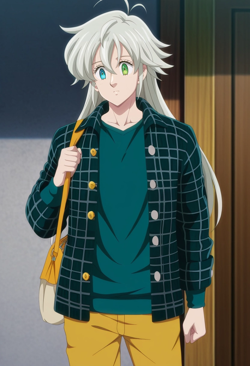 masterpiece, best quality, , anime screencap, , official style,, 1boy, solo, male focus, <lora:tristan_liones_ilxl:1>, tristan_liones, grey hair, green eyes, long hair, ahoge, heterochromia, blue eyes, , Straight-leg chinos, Tartan Faux leather jacket, , , Fishing Tackle Bag