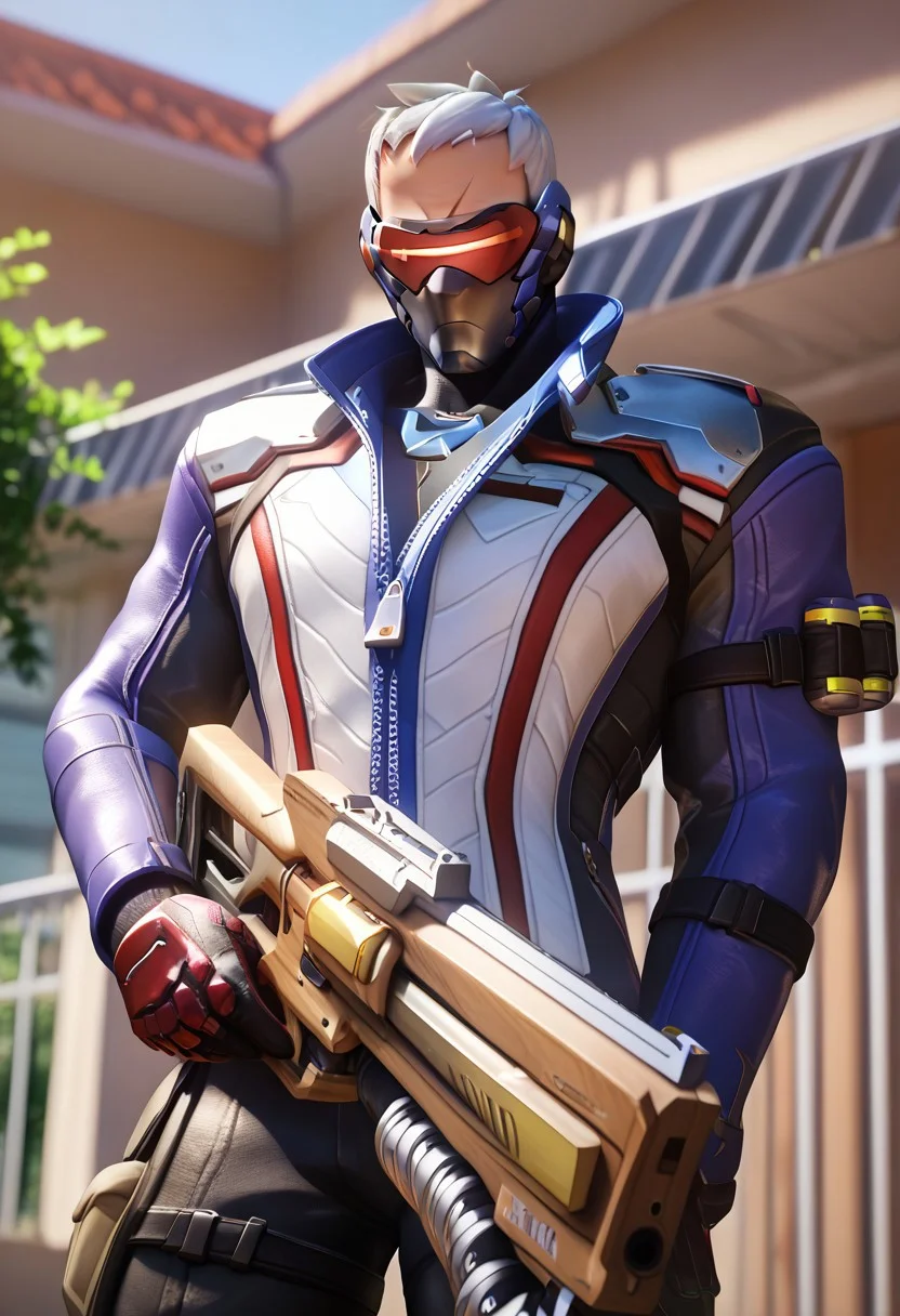 sscore_9, score_8_up, score_7_up, masterpiece, best quality, ultra-detailed, very aesthetic, 3d, ultra detailed eyes, 1male, mature male, muscular, bara, defined face, masculine face, face, soldier 76 \(overwatch\), classic76, short hair, white hair, pixie cut, visor, mask, mouth mask, scar on face, scar on mouth, large pectorals, jacket, long sleeves, black pant, gloves, boot, dynamic pose, holding weapon, rifle, assault rifle, detailed background, depth of field, blurry background, looking at viewer,