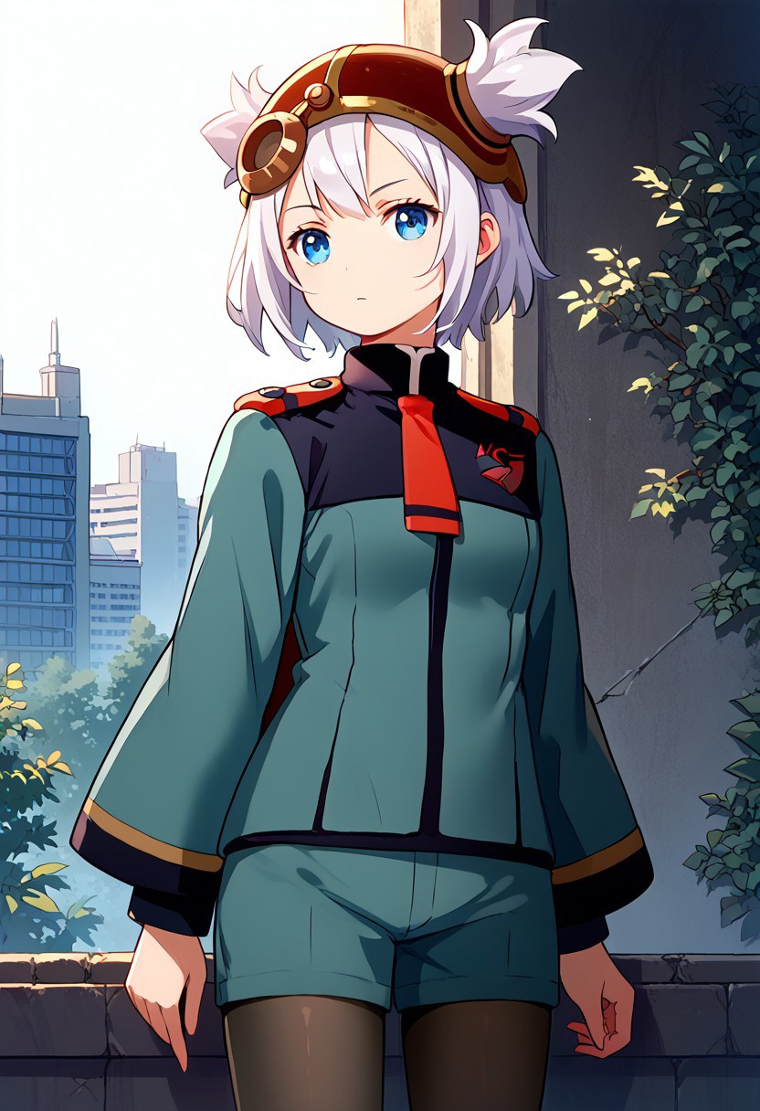 score_8, score_8_up, score_7_up, 1girl, female focus, solo, pratty_scs, white hair, helmet, hair through headwear, two side up, bangs, sidelocks, short hair, blue eyes, asticassia_outfit, shoulder boards, multicolored clothes, two-tone jacket, jacket, black jacket, collared jacket, black sleeve cuffs, sleeve cuffs, long sleeves, wide sleeves, layered sleeves, two-sided fabric, red necktie, red shoulder boards, green jacket, green shorts, Black pantyhose, pantyhose under shorts