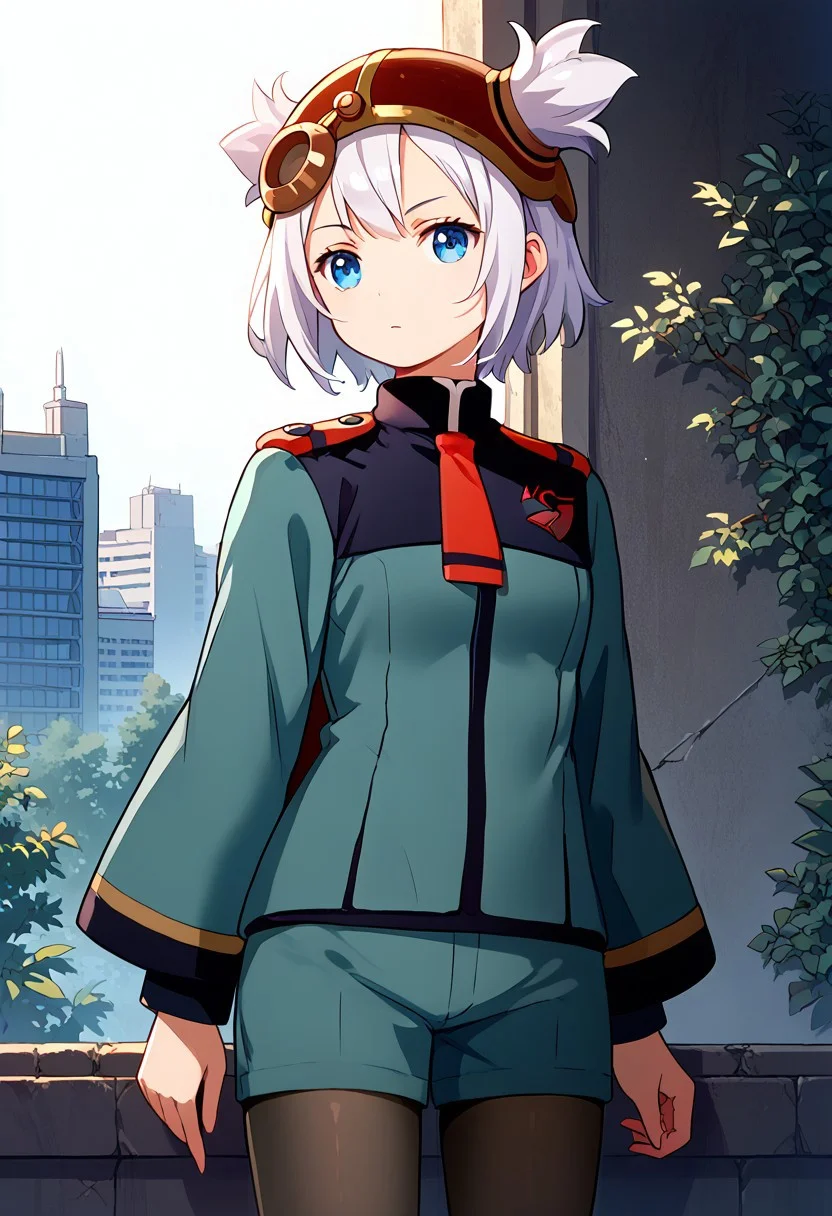 score_8, score_8_up, score_7_up, 1girl, female focus, solo, pratty_scs, white hair, helmet, hair through headwear, two side up, bangs, sidelocks, short hair, blue eyes, asticassia_outfit, shoulder boards, multicolored clothes, two-tone jacket, jacket, black jacket, collared jacket, black sleeve cuffs, sleeve cuffs, long sleeves, wide sleeves, layered sleeves, two-sided fabric, red necktie, red shoulder boards, green jacket, green shorts, Black pantyhose, pantyhose under shorts
