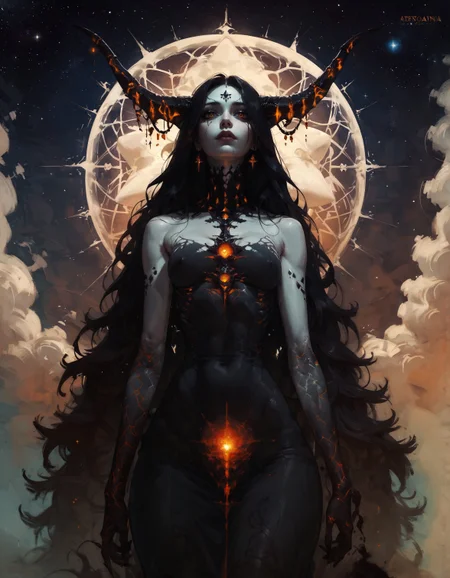 score_9, score_8_up, score_7_up, score_6_up, score_5_up, score_4_up,  otherworldly goddess, pure porcelain skin, deep abyssal black eyes, black horns, long dress made of the stars, astral plane, dark, epic, ethereal, mystical, stars, atmospheric, beautiful, skin patterns, (flat chest:0.5)