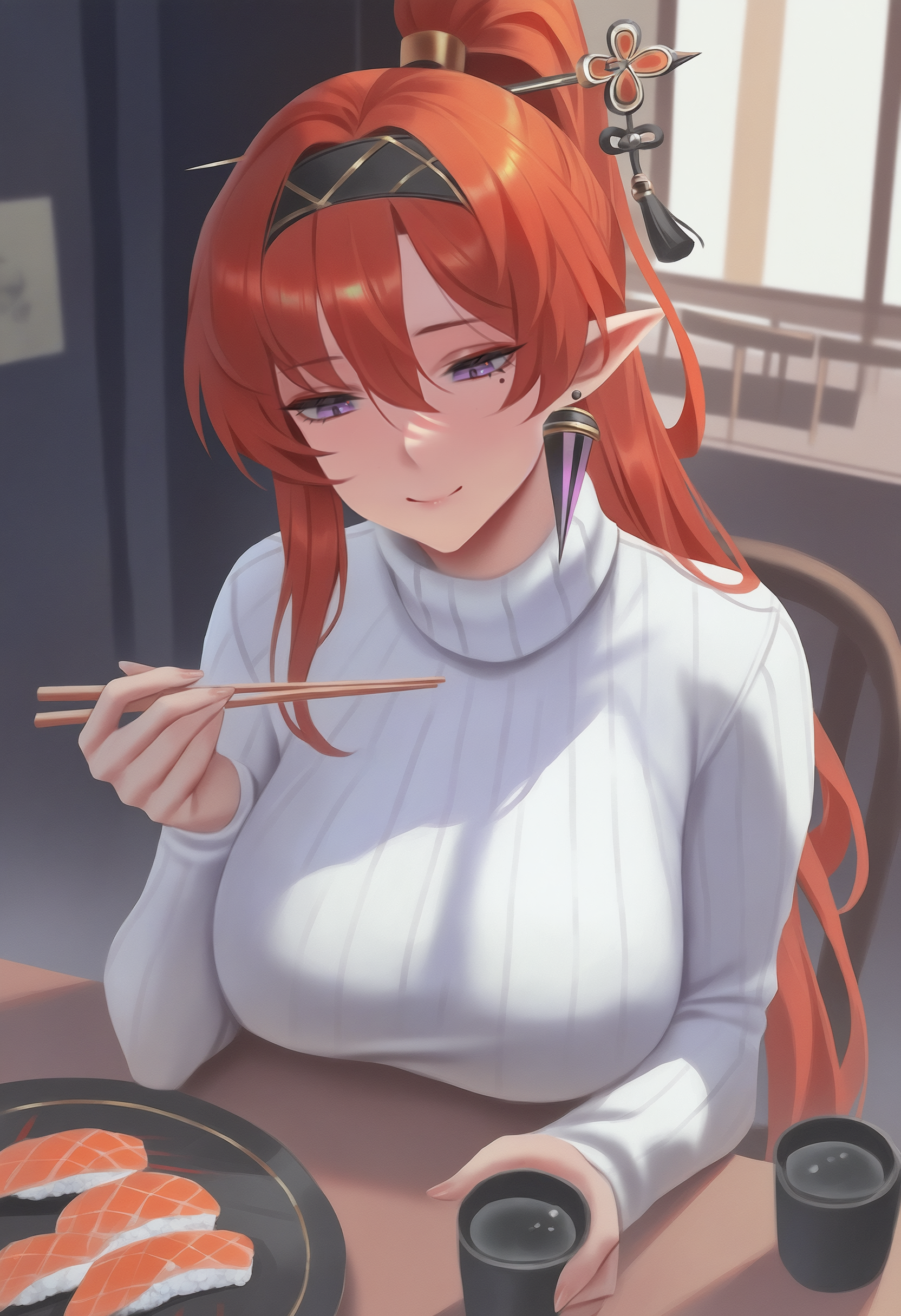 (unfairr:0.7), masterpiece, best quality, film grain, upper body, solo, 1girl, yinl1n, mole under eye, slight smile, looking at food, sitting, chair, holding chopsticks, long hair, red hair, hair between eyes, ponytail, hair stick, black hairband, pointy ears, purple eyes, white sweater, ribbed sweater, turtleneck, long sleeves, earrings, large breasts, indoors, restaurant, table, plate, sushi, cup, glass
<segment:yolo-Anzhc Face seg 640 v2 y8n.pt,0.4,0.5//cid=1>