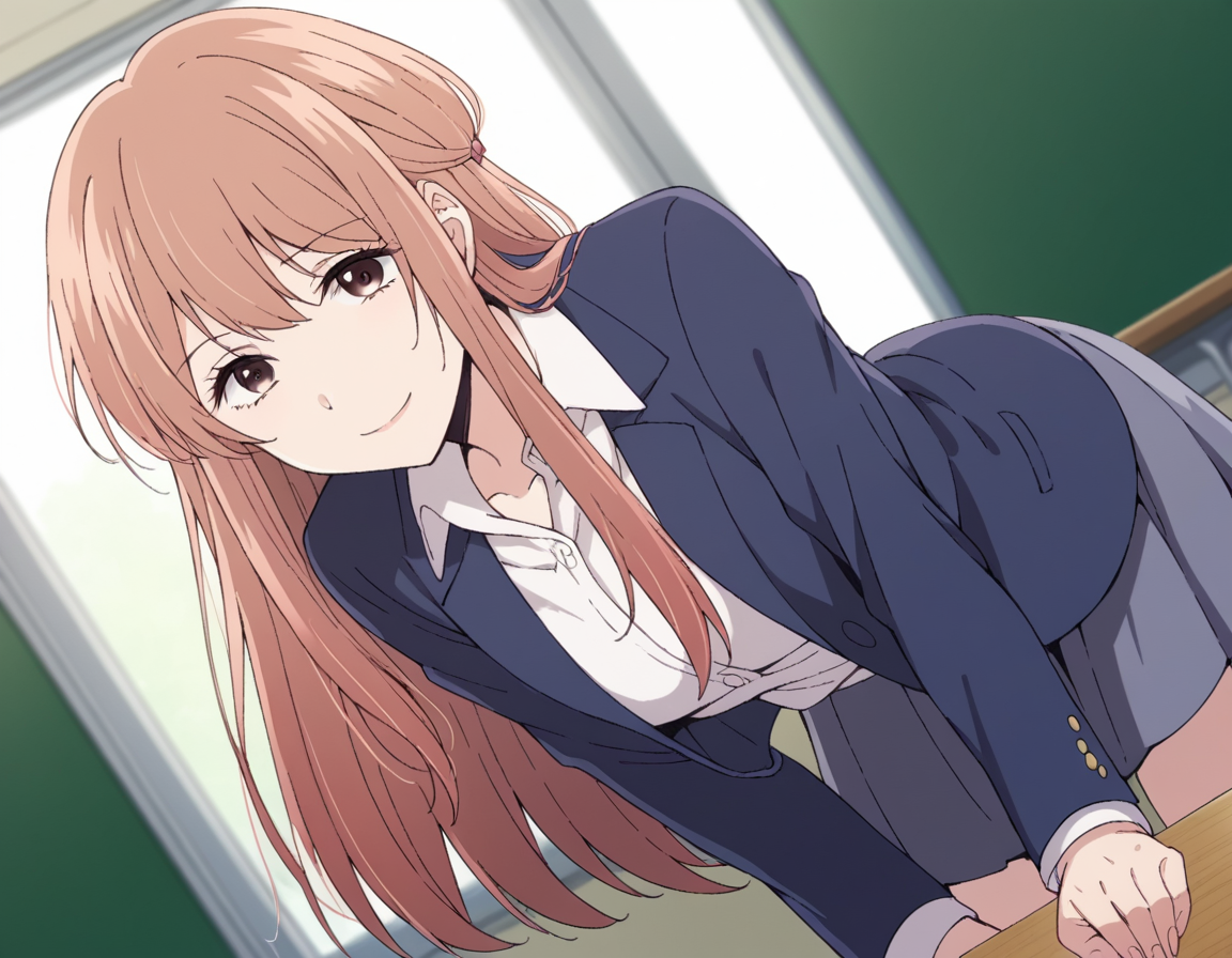 score_9, score_8_up, score_7_up, source_anime,
akaneminagawa, <lora:akane-minagawa-s1-ponyxl-lora-nochekaiser:1>,
akane minagawa, long hair, bangs, brown hair, brown eyes,
shirt, jacket, white shirt, collared shirt, blue jacket, skirt,
indoors, classroom, bent over, smile,
looking at viewer, cowboy shot, dutch angle, solo,