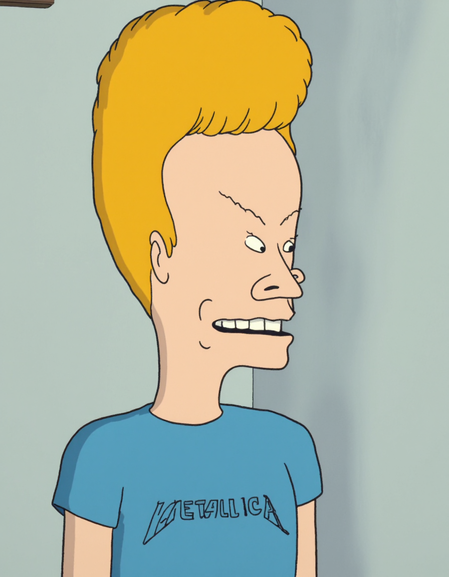 Beavis wearing blue shirt with "METALLICA" written on it, <lora:BEAVIS_ANIMATED_REFINED_FLUX (1) (the good version of the two fluxs):1> <lora:Studio_Ghibli_Flux:1> ghiblistyle