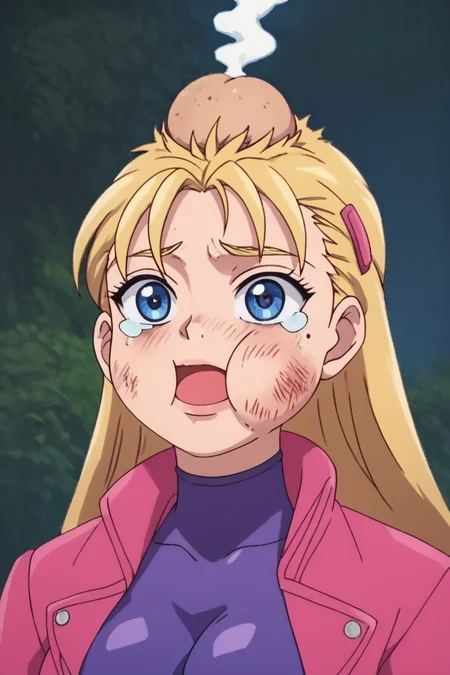 score_9, score_8_up, score_7_up, score_6_up, score_5_up, score_4_up, <lora:Miu_Furinji-000006:0.7> , miu, blonde hair, long hair, blue eyes, mole under right eyes, slim waist, large breast, pink jacket, purple bodysuit, hairclip, <lora:beat_up_face:0.8>, 1girl, solo, alone, tears, head bump, smoke on head bump, bruise, swollen cheeks, masterpiece, highres