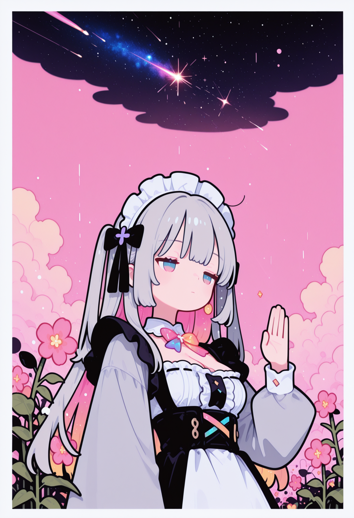 masterpiece, best quality, good quality, newest, highres, absurdres, from below,
pastel cyan eyes, grey hair, multi colored hair, long hair, hair ornament, twintale, colored inner hair,
half closed eyes, dazed, emotionless, small breasts, cleavage,
decorative victorian maid dress, frills, long sleeves,  center frills, high-waist skirt, puffy long sleeves, neon bow ,
1girl, solo, upper body,
praying, many flowers in background,
hand up,  looking to the side, leaf,  simple gradient pink  background with thick white border,
symmetrical clouds,
abandoned city covered by snow in background, , (galaxies in sky, light particles, many shooting starts),
Flat vector illustration, fl4t,
<lora:fl4t:1.2>