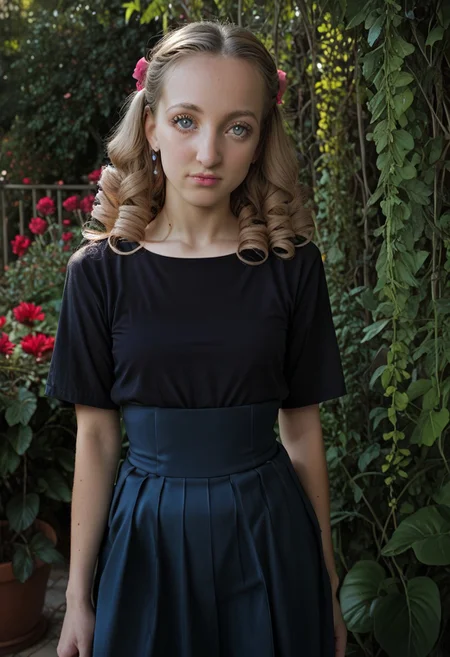 score_9, score_8_up, score_7_up, score_6_up, (realistic), (((solo))), female,
BREAK, shy, horsefaced, big nose, light brown hair, light grey eyes, big eyes, high cheekbones, ringlets, tall, thin, thin waist, thin hips, small breasts, oval-shaped face,
BREAK. (((black))) silk shirt, (((black))) long skirt, silk skirt,
BREAK, garden, morning,