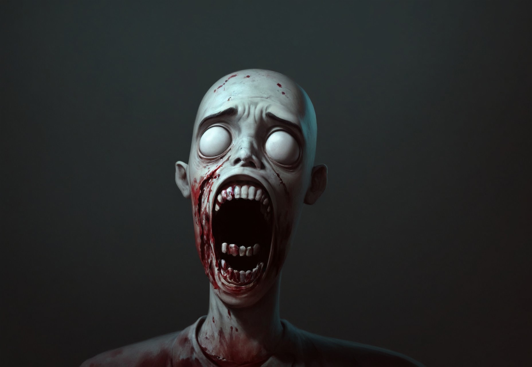 zombies, rotten cropse, zombie, concept art, album cover, ultra detailed, 4k, masterpiece, score_9, score_8_up, score_7_up, realism, corpse, dark, open mouth, tilted head, horror, white eyes, flesh, blood, broken teeth, blood splatter, male, 1boy,
