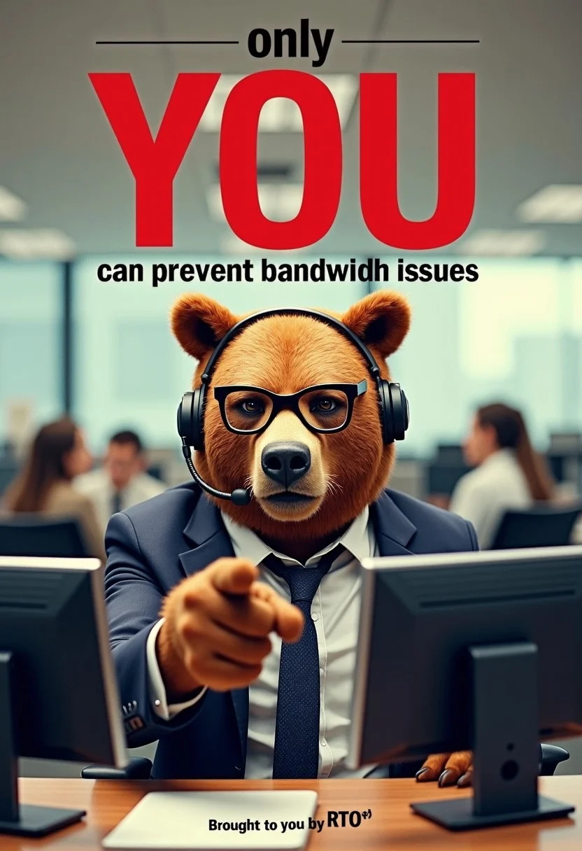 A parody poster titled "only YOU can prevent bandwidth issues" playing on the famous fire prevention posters featuring Smokey the bear. The poster features a stern-looking bear wearing business casual office attire, wearing glasses and a headset. He is pointing at the viewer. He is sitting at a modern office cubicle, with a laptop docked to two monitors.
Behind him, a busy office scene with people sitting in cubicles. The bear's expression is intense, yet comically serious, as if he's about to take on the world.
The title "only YOU can prevent bandwidth issues" is displayed in bold, stylized text at the top, with the "YOU" in bold red underlined font. The tagline beneath reads, "Brought to you by RTO"r.
The overall color scheme of the poster matches the famous Smokey fire prevention posters.
