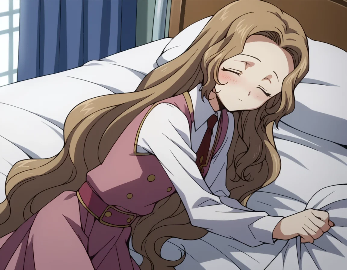 score_9, score_8_up, score_7_up, source_anime,
nunnallylamperouge, <lora:nunally-lamperouge-s1-ponyxl-lora-nochekaiser:1>,
nunnally lamperouge, long hair, brown hair, very long hair, closed eyes,
long sleeves, dress, school uniform, necktie, red necktie, ashford academy school uniform,
indoors, bed, bed room, on side, blush, drunk,
looking at viewer, dutch angle, cowboy shot, solo,