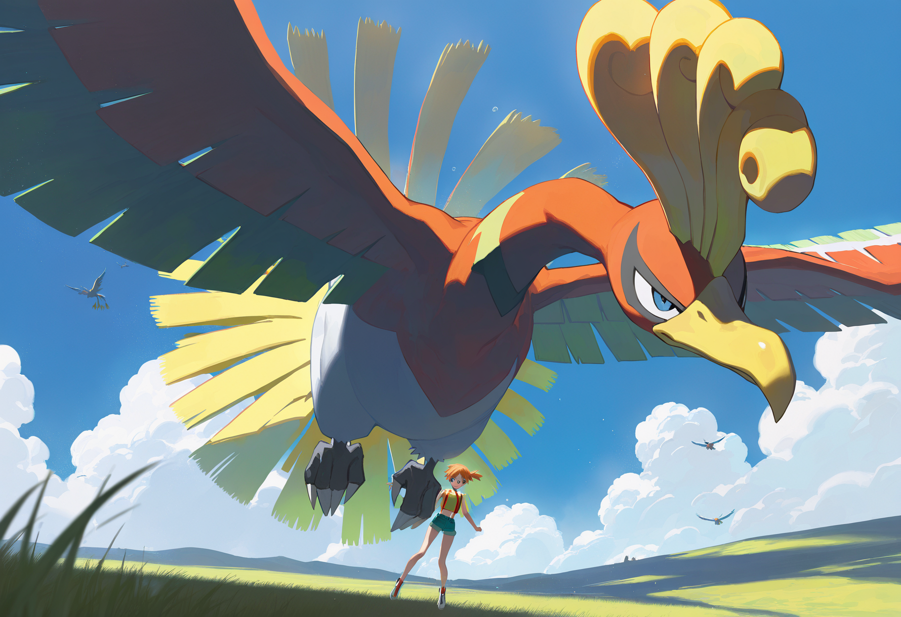 artist:ciloranko,artist:modare,artist:diyokama, astero, scenery, pokemon \(creature\),
best quality, amazing quality, very aesthetic, absurdres, best quality, masterpiece, newest,
underwater,
ho-oh, flying,
1girl, misty \(pokemon\), orange hair, yellow crop top, short shorts, blue eyes,
grassland, blue sky, cloud, sunray, Cinematic Lighting, light particles  <lora:AsteroIllustriousXL_byKonan:1>