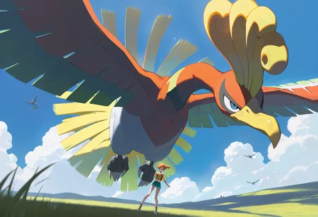 artist:ciloranko,artist:modare,artist:diyokama, astero, scenery, pokemon \(creature\),
best quality, amazing quality, very aesthetic, absurdres, best quality, masterpiece, newest,
underwater,
ho-oh, flying,
1girl, misty \(pokemon\), orange hair, yellow crop top, short shorts, blue eyes,
grassland, blue sky, cloud, sunray, Cinematic Lighting, light particles <lora:AsteroIllustriousXL_byKonan:1>