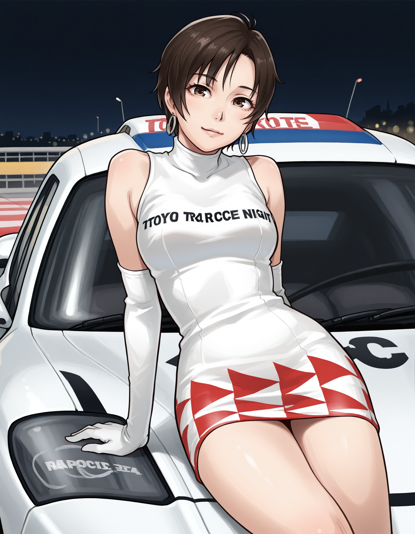 <lora:nagase-reiko-illustrious-000020:1> n4g4s3r3ik0, earrings, short dress, elbow gloves
1girl, solo, race car tuned, tokyo car culture in night, girl in front of car, night, arm support, light smile