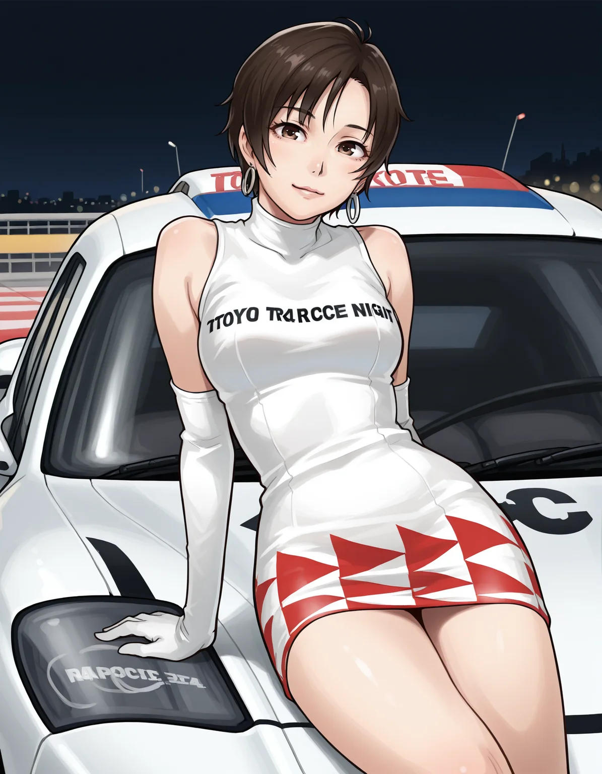<lora:nagase-reiko-illustrious-000020:1> n4g4s3r3ik0, earrings, short dress, elbow gloves
1girl, solo, race car tuned, tokyo car culture in night, girl in front of car, night, arm support, light smile