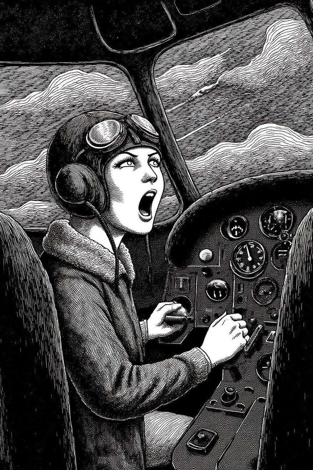 edwardgorey1 illustration.
A female pilot screaming inside the cockpit of a World War II bomber. The pilot, wearing a vintage leather flight helmet with goggles and a bomber jacket, grips the controls with white-knuckled hands. Her face is contorted in a mix of fear and determination as she yells, her eyes wide with adrenaline. The cockpit is cramped and filled with old-fashioned dials and gauges, with the outside view showing dark stormy clouds and distant anti-aircraft fire
 <lora:edwardgorey1_d8a4e9:1.0><lora:864758550046504693:0>