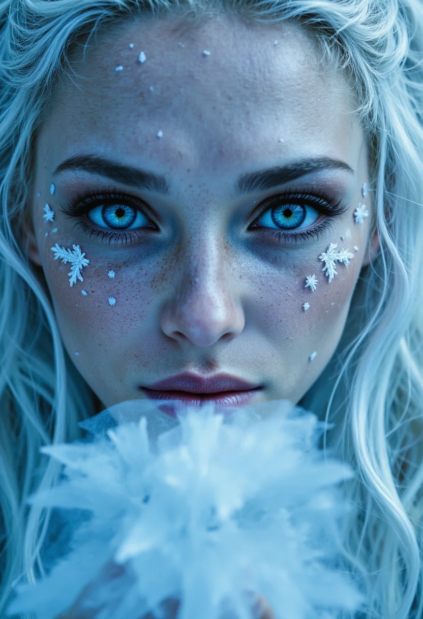 super detailed, professional portrait Photo of A frost mage blowing icy breath from her lips, her pale blue skin shimmering with frost-like textures. Her icy white hair is woven with delicate crystals that glint under the soft moonlight. Her piercing, glacier-blue eyes are fierce, and her face is framed by tendrils of frost that curl in the air like living entities. Tiny snowflakes gather along her cheekbones, catching the light in intricate detail. , aidmarealisticskin, aidmafluxpro1.1
