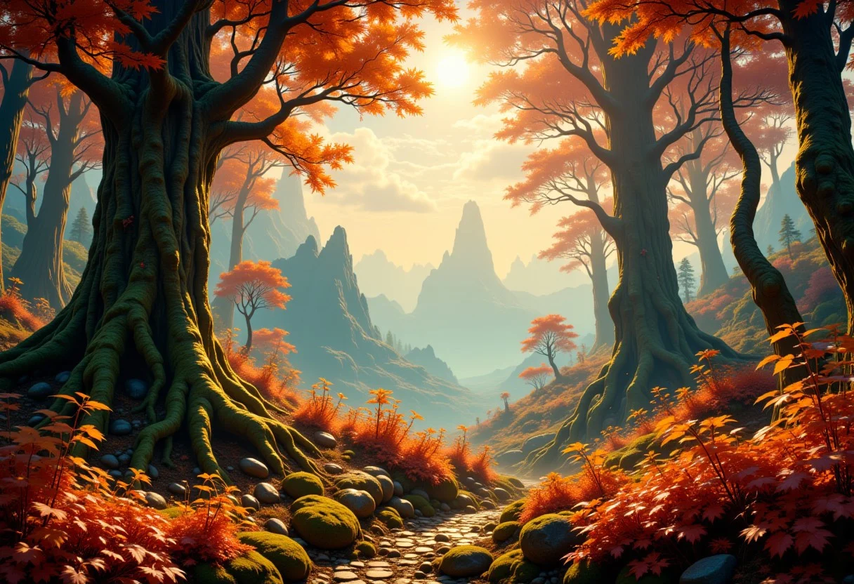 low angle, close up,fantasy landscape, ancient forest, gigantic oaks, old gnarled trees trunks, immense tree canopy dominating the infinite landscape, misty mountains at the horizon, valleys, waterfall, Sunbeams break through the canopy, casting ethereal light beams that highlight the timeless beauty ,The scene feels both ancient and alive, as though the trees are the guardians of the changing seasons. chiaroscuro, misty, golden light of dawn, magical whispering magic, mossy, glistening bark, cracked bark, transluscent autumn leaves, vines, yellow bioluminescent pollen dust catching the light, dreamcatcher, roots, branches, red leaves, ocre leaves, orange leaves, dark red leaves, misty forest, macro shot, chiaroscuro, god rays, Lushy misty fantasy forest in the background, backlit, glow hyper realistic, natural soft rim light, cinematic lighting, (sharp focus,absurdres,high quality,masterpiece,highres,best quality:1.5), ethereal landscapes, dynamic light, depth of field, biotech emotion: PEAnimeBG, Background, phtorealistic scenery, Magical Autumn