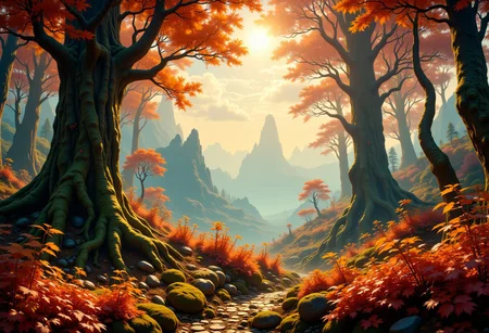 low angle, close up,fantasy landscape, ancient forest, gigantic oaks, old gnarled trees trunks, immense tree canopy dominating the infinite landscape, misty mountains at the horizon, valleys, waterfall, Sunbeams break through the canopy, casting ethereal light beams that highlight the timeless beauty ,The scene feels both ancient and alive, as though the trees are the guardians of the changing seasons. chiaroscuro, misty, golden light of dawn, magical whispering magic, mossy, glistening bark, cracked bark, transluscent autumn leaves, vines, yellow bioluminescent pollen dust catching the light, dreamcatcher, roots, branches, red leaves, ocre leaves, orange leaves, dark red leaves, misty forest, macro shot, chiaroscuro, god rays, Lushy misty fantasy forest in the background, backlit, glow hyper realistic, natural soft rim light, cinematic lighting, (sharp focus,absurdres,high quality,masterpiece,highres,best quality:1.5), ethereal landscapes, dynamic light, depth of field, biotech emotion: PEAnimeBG, Background, phtorealistic scenery, Magical Autumn