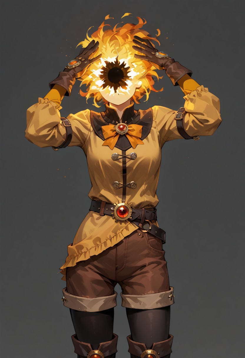 score_9, score_8_up, score_7_up,
lord_of_frenzy, fire head,
novakin, faceless, no eyes, no mouth, no nose, no facial features, short fiery yellow orange hair, body made of black plasma,
open hands, hands on face front,
hands on own head, 
magical girl outfit, (steampunk dress:1.1), boots, (brown shorts:1.1), black tights, medium breasts, belt, gloves, 
simple background, grey background,