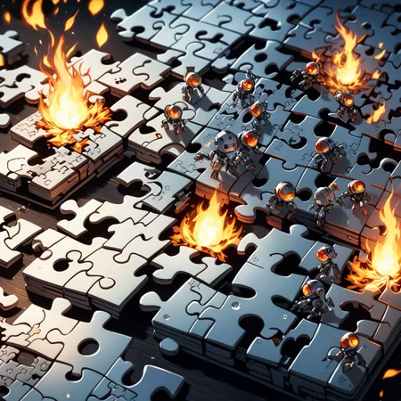 broken puzzle, missing peices, computer puzzle, on fire, tiny robots putting together puzzle, (anime, masterpiece, intricate:1.3), (best quality, hires textures, high detail:1.2), (4k),(incredibly detailed:1.4),UHD, 8K, ultra detailed
