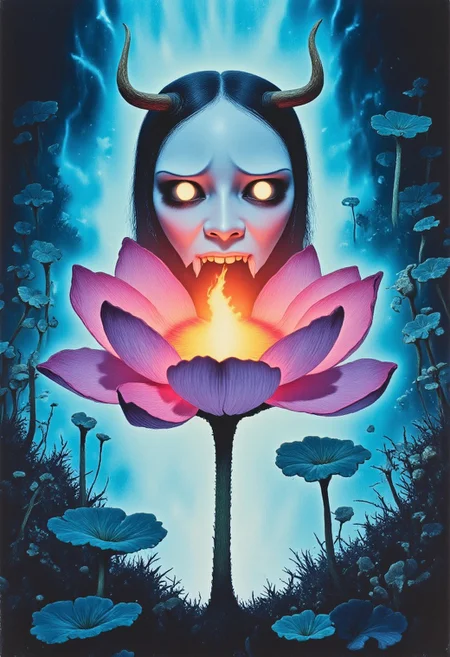 ArsMovieStill, movie still from a 1970s horror movie Studio Ghibli Dark Fairytale depicting a cursed hannya mask with horns and fangs blooming out of a blue lotus in a liminal bonsai garden with eerie radiating cyan and magenta miasma