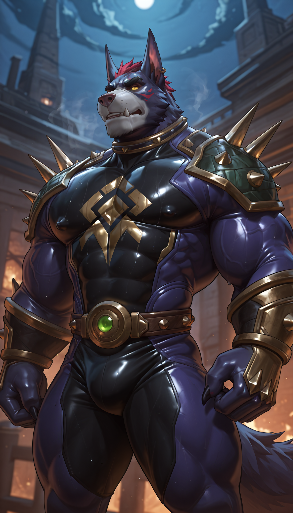 warwick \(lol\),male focus,solo,muscular,(detailed eyes:1.2, detailed face, nice eyes),steaming body,bodysuit,night,<lora:takahirosi-14:1>,