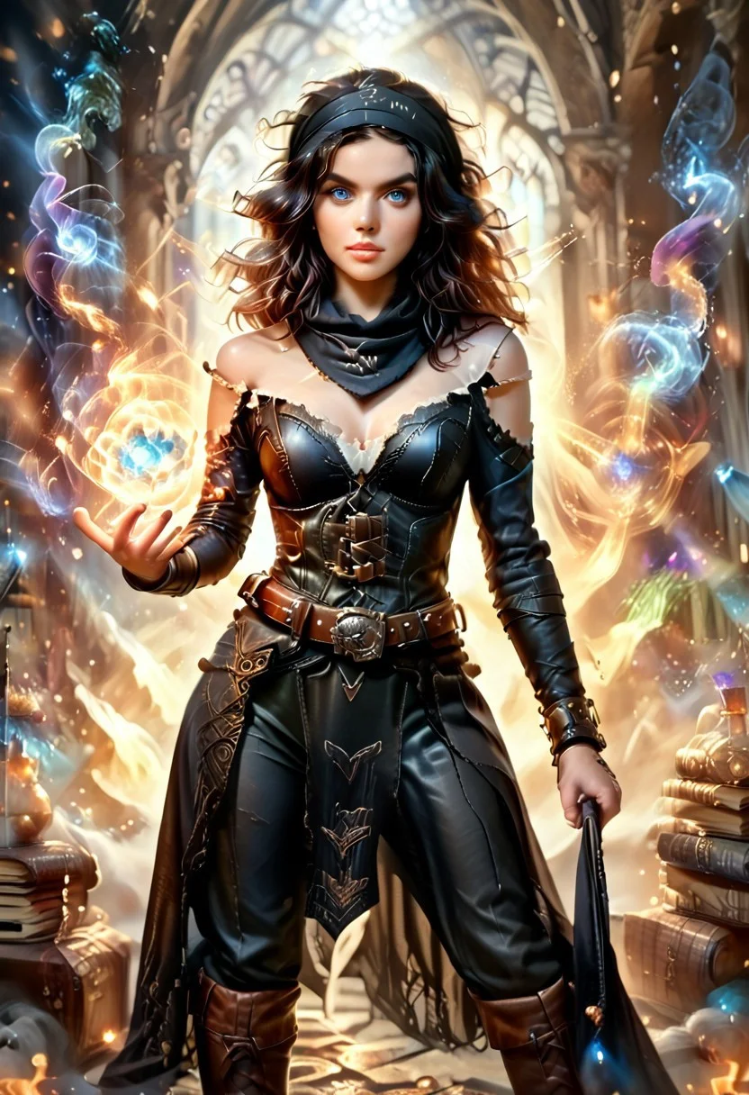 score_9, score_8_up, score_7_up, score_6_up, score_5_up, score_4_up, (1girl), detailed, healthy, athletic, beautiful, female, pale skin, bright blue eyes, covered from neck to toe, wizard, ((black bandana covering hair), black shoulder length hair), (belt, black bodysuit, black femloin, black loincloth, black buckled boots, black leather bodysuit with white embroidered runes, corset), magical staff, (Baby raven perched on her shoulder)