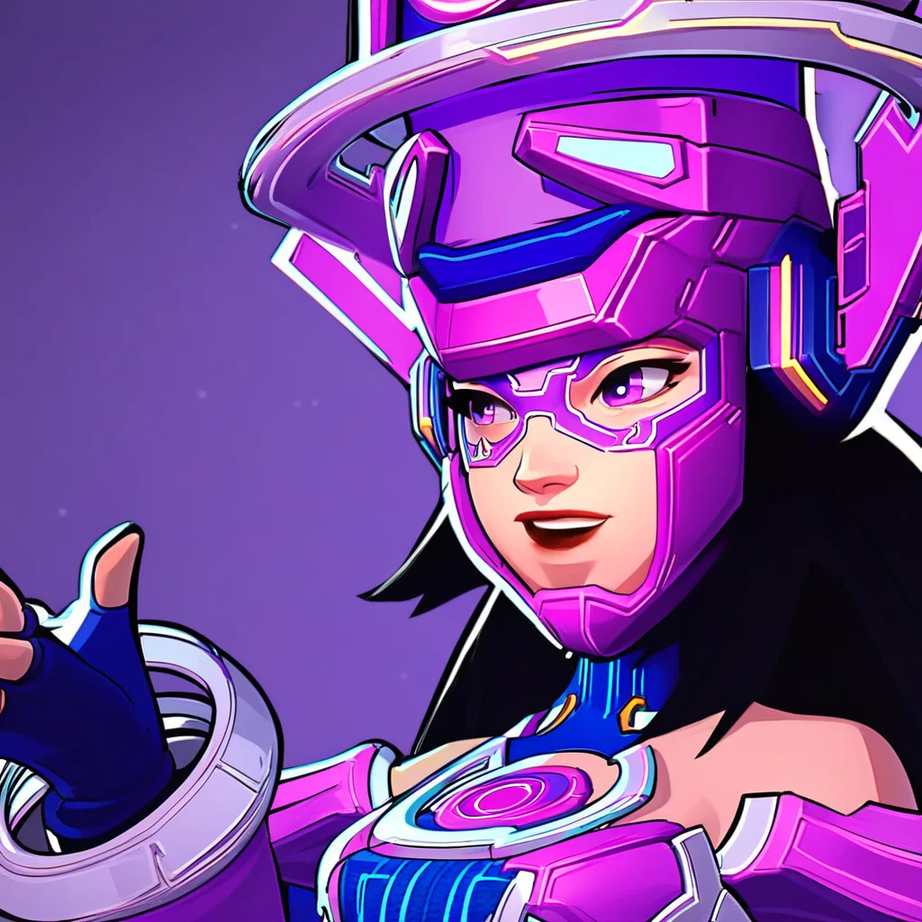 purple eyes, Galacta, blue fingerless gloves, long sleeves, silver rings around wrist, bare shoulders, long purple helmet, 1girl, purple eye mask, long boots, long black hair, purple bodysuit, purple skirt