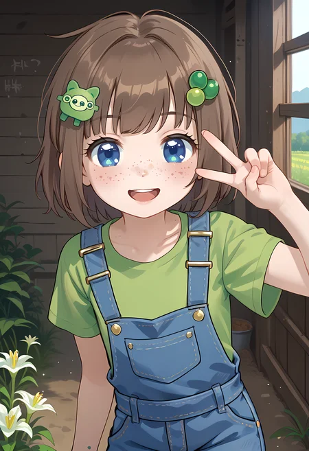 score_9, score_8_up, score_7_up, score_6_up, score_5_up, score_4_up<lora:Lily_Hopkin_pony:0.8>a cartoon girl in overalls and reen shirt standing , 1girl, freckles, brown hair, bandaid, blue eyes, overalls, shirt, solo, smile, short hair,, bandaid on leg,, hair ornament, green shirt, bandaid on knee, looking at viewer, open mouth,peace sign,face focus,farm background,Lily Hopkins, (portrai shot, upper body)