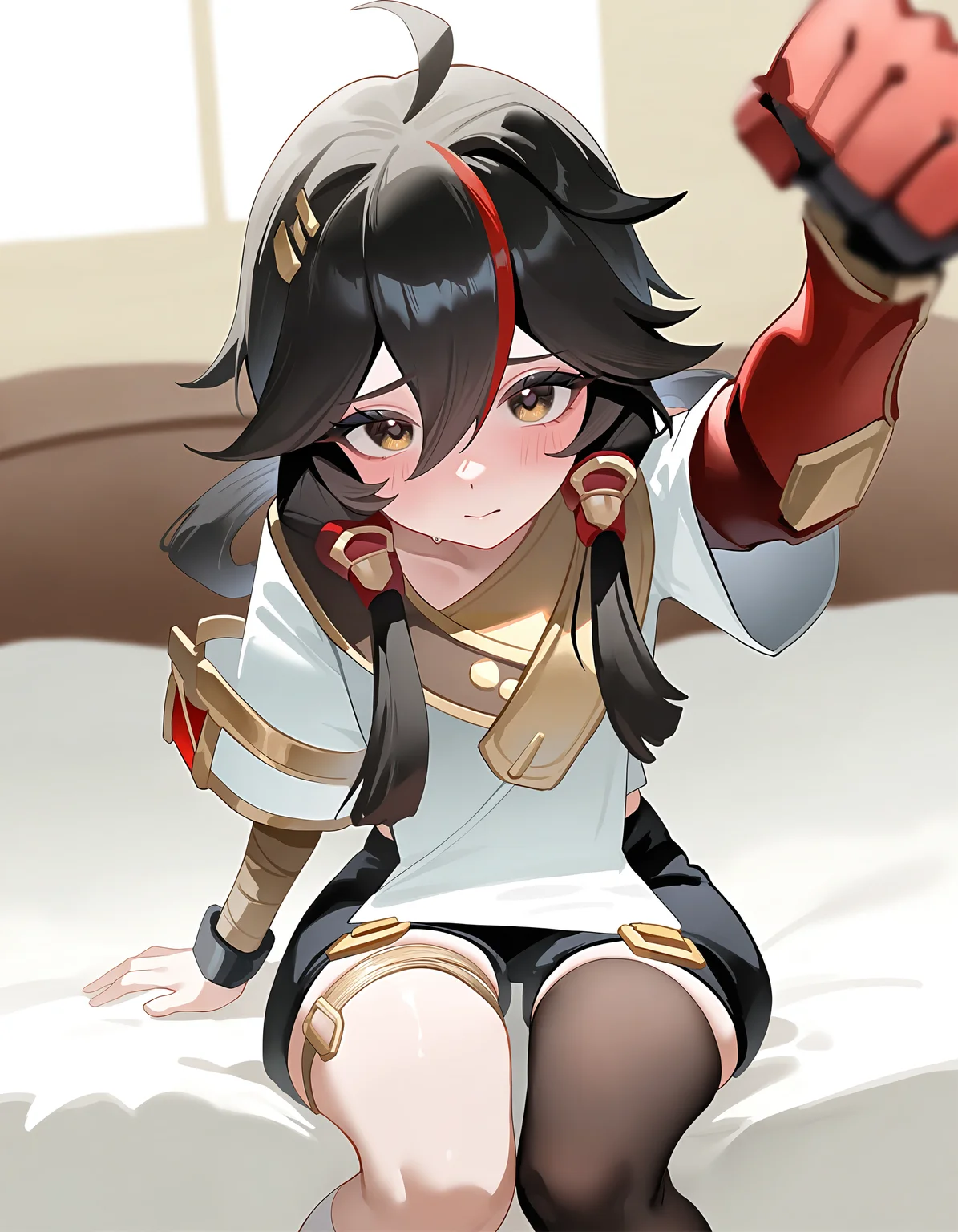 sitting,bedroom,bed,looking at viewer,upper body,shy,punching towards viewer,
<lora:changan_noob:0.9>,huanxing-changan,1girl,solo,black hair,long hair,multicolored hair,red hair,brown eyes,hair between eyes,bangs,ahoge,bandages,bandaged arm,mechanical arms,thighhighs,single thighhigh,shorts,
masterpiece,best quality,very aesthetic,absurdres,
