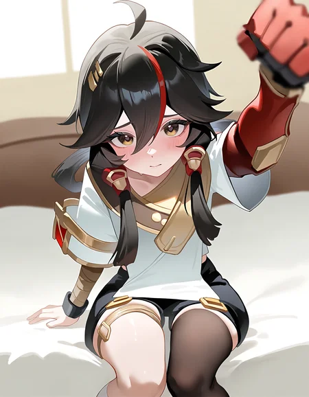 sitting,bedroom,bed,looking at viewer,upper body,shy,punching towards viewer,
<lora:changan_noob:0.9>,huanxing-changan,1girl,solo,black hair,long hair,multicolored hair,red hair,brown eyes,hair between eyes,bangs,ahoge,bandages,bandaged arm,mechanical arms,thighhighs,single thighhigh,shorts,
masterpiece,best quality,very aesthetic,absurdres,