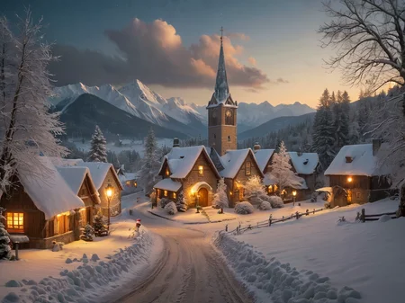 award winning photo,
saturated (Under a dark enchantment's curse) (Shrouded in malevolent magic) (Elegant Renaissance beauty) 3d,
A quaint old countryside village, straight out of a storybook, its roofs blanketed in snow and ice, the cobblestone street lined with charming cottages, adorned with twinkling lights casting a warm glow on the misty winter's night. Fir trees stand tall, covered in newly fallen snow.
In the distance, the spire of a country church rises into the starry sky, its windows ablaze with golden light and the sound of joyful carols spilling out into the frosty air. Children laugh and play, their rosy cheeks aglow with the magic of the season as they build snowmen and engage in spirited snowball fights.
The scene unfolds, evoking a sense of warmth and wonder, capturing the timeless magic of Christmas in all its glory. It's a scene that invites you to step inside and experience the joy and wonder of the holiday season, a moment frozen in time that fills the heart with peace and happiness.
