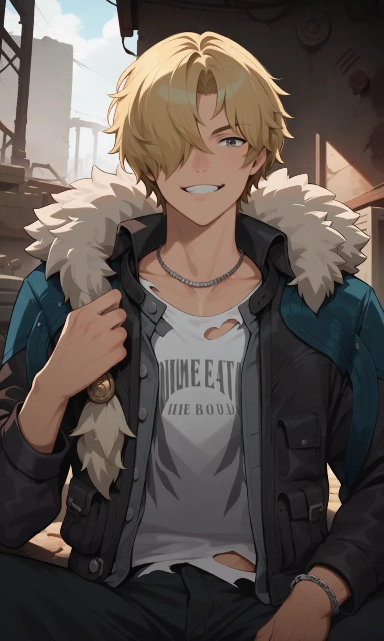score_9, score_8_up, score_7_up, masterpiece, best quality, lots of details, (close-up), ((1boy)), looking at viewer, male focus, solo, Lucius, blonde hair, hair over one eye, grey eyes, fur-trimmed jacket, black jacket, fur collar, fur trim, chain bracelet, black pants, neck jewelry, sitting, white t-shirt, torn T-shirt, open clothes, smirk, teeth, shaded, detailed shading, detailed skin, shaded skin, realistic shading, Expressiveh, countershading:1.1, garage, concrete, ruins, indoors, <lora:add-detail-xl:0.7>, <lora:Smooth Anime 2 Style SDXL_LoRA_Pony Diffusion V6 XL:0.8>, <lora:Expressive_H:0.8>, <lora:Lucius_XL_V10_OPT:0.9>