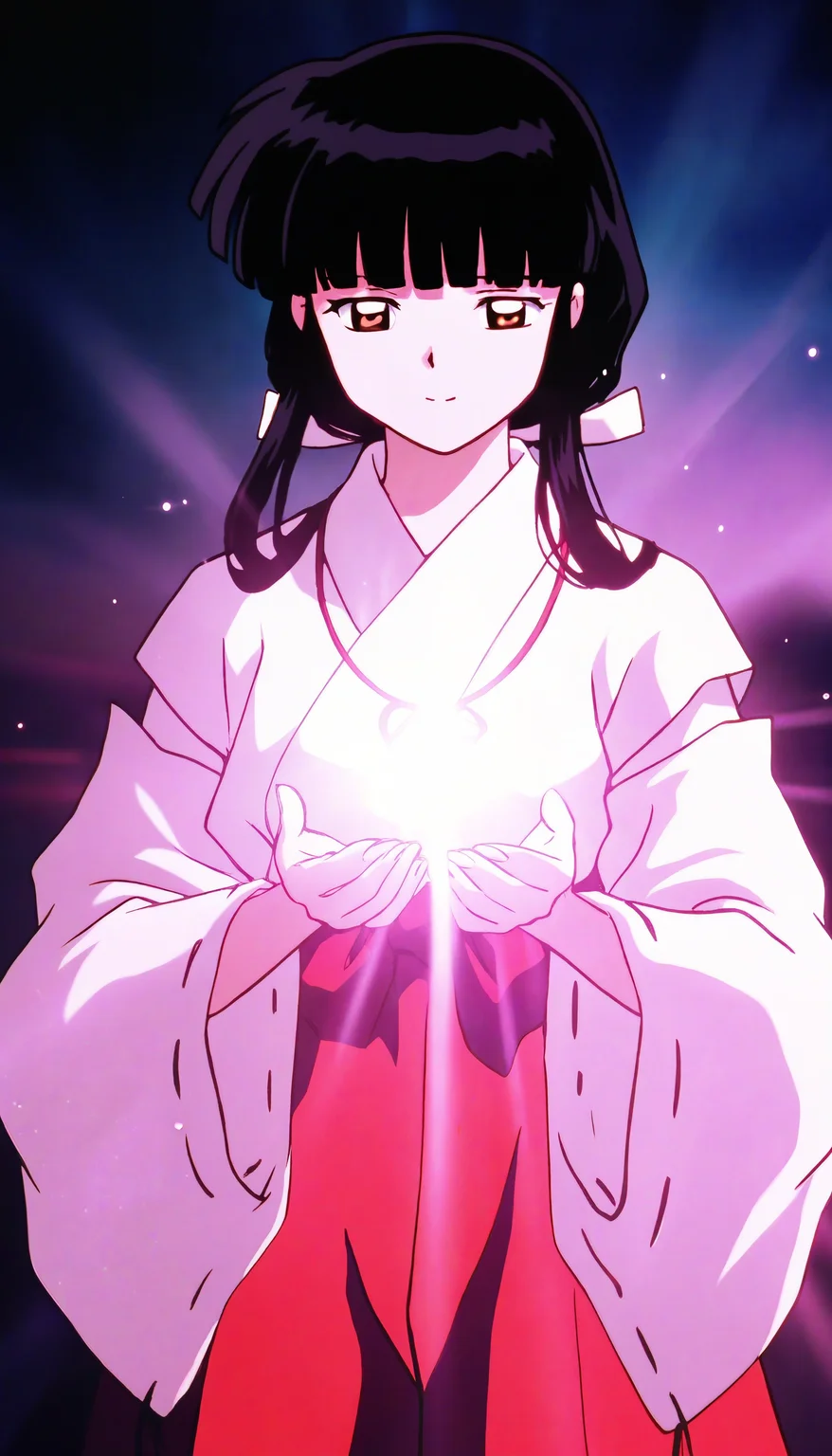 masterpiece,best quality,amazing quality,
<lora:kikyoNAI:1>,k1ky0,
1girl,solo,black hair,long hair,low ponytail,bangs,white scrunchie,brown eyes,miko outfit,red ribbon necklace,red hakama,upper body,cupping hands,holding a radiant orb of light,the orb emits soft beams,purple gradient background with light rays,blurry background,soft lighting,depth of field,light particles,vignetting,
