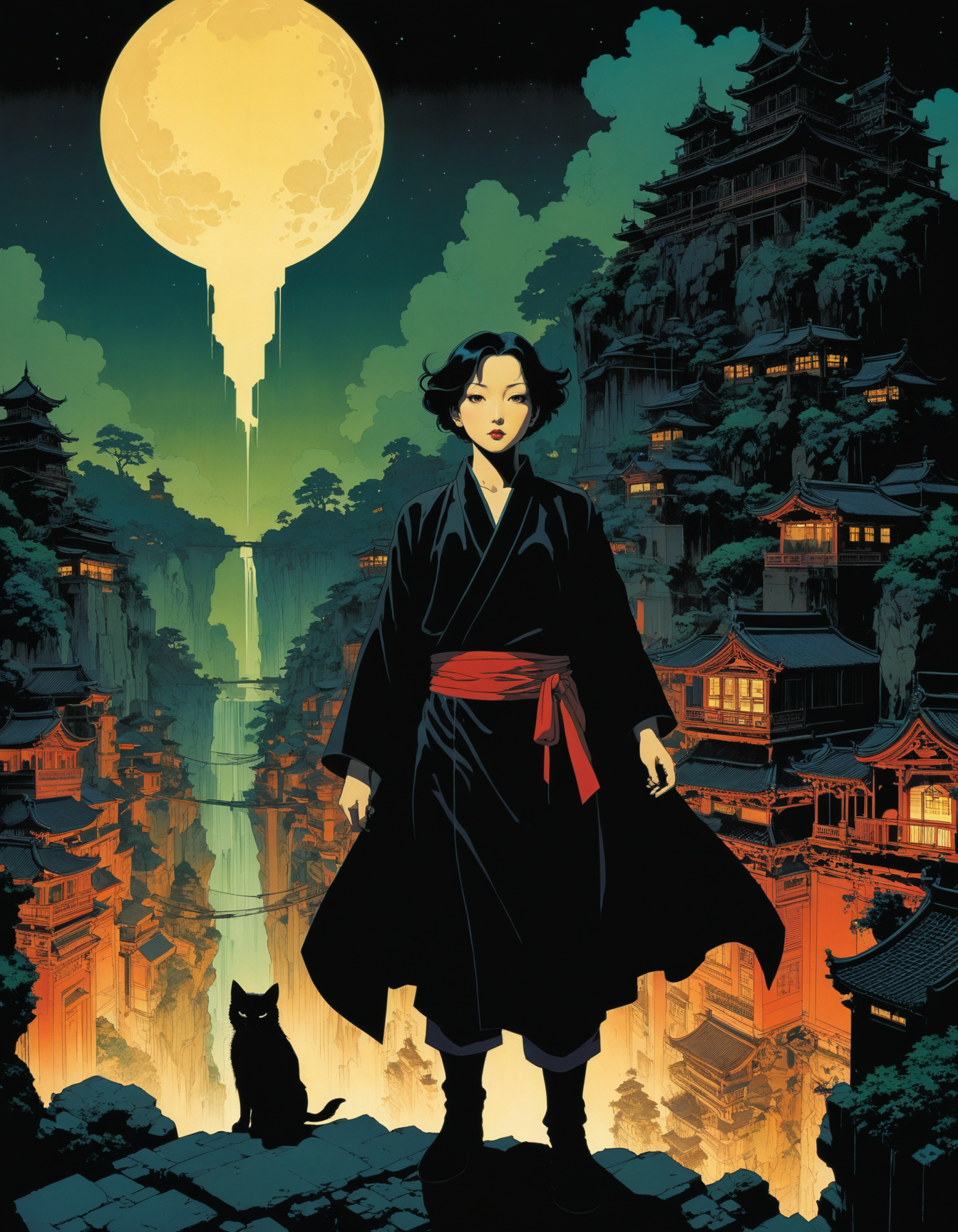 by Satoshi Kon and Mike Mignola,  (black , alluring , masterful:1.4), poster art, bold lines, hyper detailed, expressive,  award winning,  (landscape:1.4), (intricate details, masterpiece, best quality:1.4),
key lighting , looking at viewer, dynamic pose, wide angle view,
<lora:add-detail-xl:1> <lora:xl_more_art-full_v1:0.5> <lora:looking_at_viewer:2>