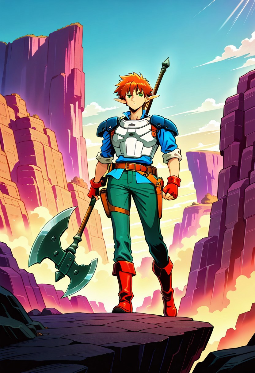 masterpiece, best quality, amazing quality, very aesthetic, absurdres, newest, 1boy, male, arthuffl3, brown-orange hair, green eyes, with long elf ears, blue shoulder pads, white breastplate, sci-fi military shirt, green jeans, belt with holster, red fingerless gloves, red boots, standing on cliff, dramatic fantasy-anime background, casually holding massive battle axe, scenic vista background,
