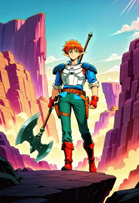masterpiece, best quality, amazing quality, very aesthetic, absurdres, newest, 1boy, male, arthuffl3, brown-orange hair, green eyes, with long elf ears, blue shoulder pads, white breastplate, sci-fi military shirt, green jeans, belt with holster, red fingerless gloves, red boots, standing on cliff, dramatic fantasy-anime background, casually holding massive battle axe, scenic vista background,