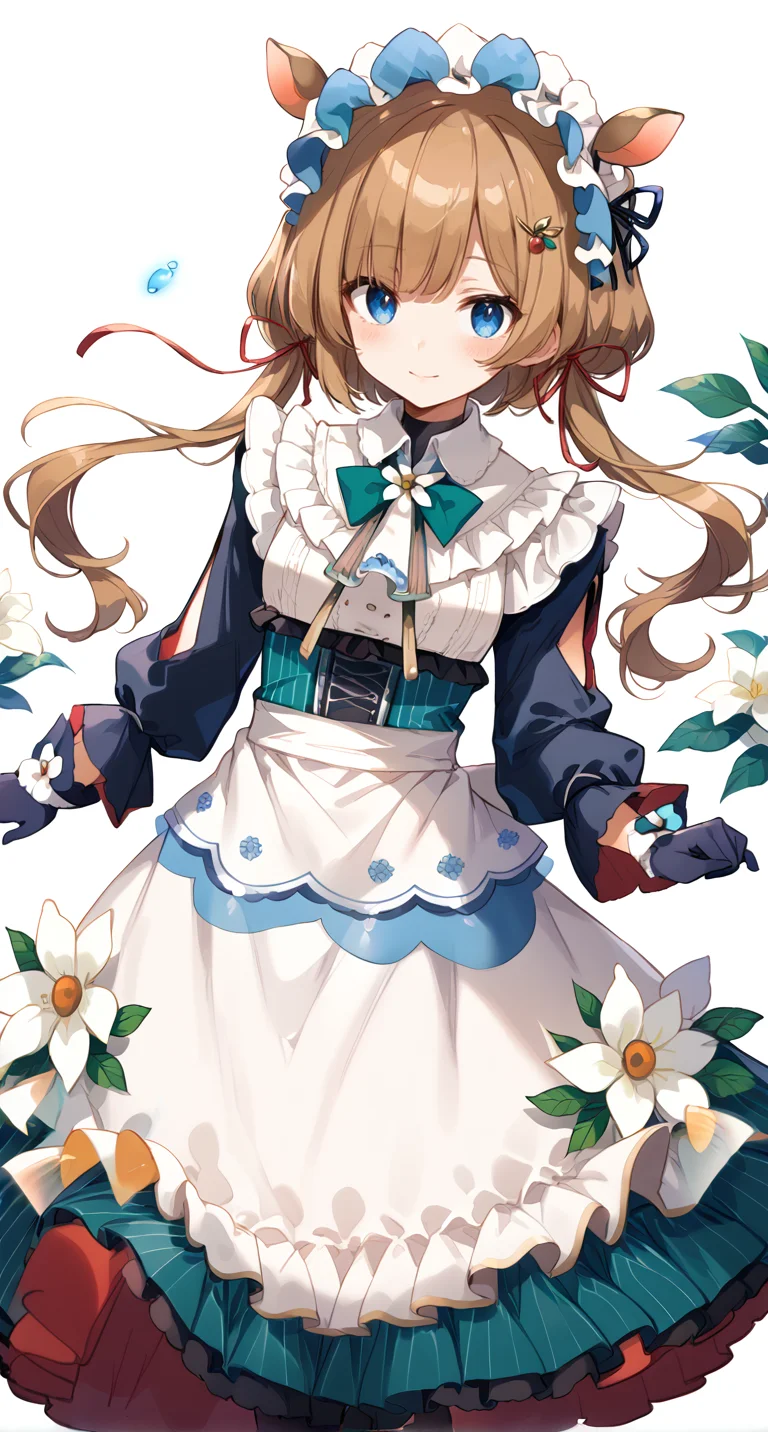score_9,score_8_up,score_7_up,
official art,official style,game cg,megami magazine,
1girl,
eli conifer,
animal ears,apron,bangs,black footwear,black gloves,blue bow,blue eyes,
blush,bow,brown hair,deer ears,frills,gloves,hair ornament,hair ribbon,
long hair,long sleeves,low twintails,maid,maid headdress,puffy sleeves,red ribbon,
ribbon,skirt,twintails,waist apron,white apron,white background,white dress,white flower,
standing,
<lora:eli_conifer_pony_v1:1>,
