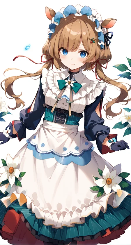 score_9,score_8_up,score_7_up,
official art,official style,game cg,megami magazine,
1girl,
eli conifer,
animal ears,apron,bangs,black footwear,black gloves,blue bow,blue eyes,
blush,bow,brown hair,deer ears,frills,gloves,hair ornament,hair ribbon,
long hair,long sleeves,low twintails,maid,maid headdress,puffy sleeves,red ribbon,
ribbon,skirt,twintails,waist apron,white apron,white background,white dress,white flower,
standing,
<lora:eli_conifer_pony_v1:1>,