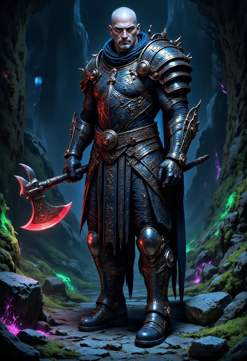 vikingpunk style middle-aged poised male (XY) australian, pale skin, hazel eyes, character, Lean build, short bald hair gray hair, , wearing a neon red runic plate armor, frost walker boots, battle-axe, set in a vibrant runestone forest, bioluminescent moss illuminates intricate carvings on the stones, amidst the metallic glint of integrated technology, a place of eerie beauty. , during a storm,, <lora:flux_trainer/moxiePunk_v4D>