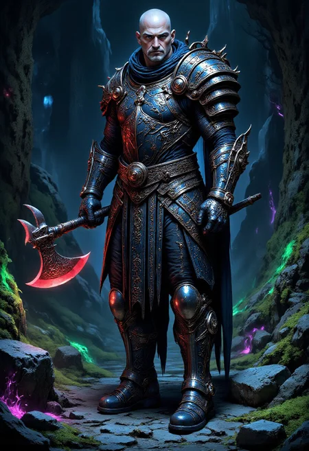 vikingpunk style middle-aged  poised male (XY) australian, pale skin, hazel eyes, character, Lean build, short bald hair gray hair, , wearing a neon red runic plate armor, frost walker boots, battle-axe, set in  a vibrant runestone forest, bioluminescent moss illuminates intricate carvings on the stones, amidst the metallic glint of integrated technology, a place of eerie beauty. , during a storm,,   <lora:flux_trainer/moxiePunk_v4D>