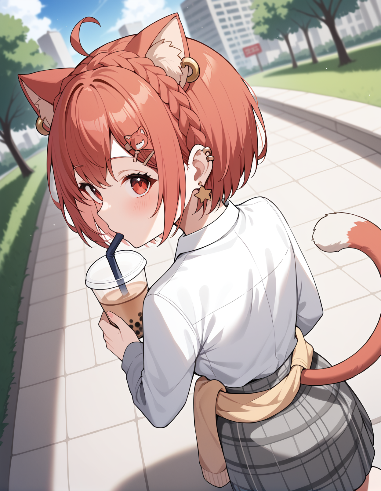 score_9, score_8_up, score_7_up, source_anime, rating_safe, BREAK <lora:ratnaPetitXL_LoRA-C3Lier_AdamW_Dim16_Alpha16_UN-3e-4_TE-1.5e-4_10batch_ponyDiffusionV6XL_v6StartWithThisOne:1>, ratna petit, 1girl, virtual youtuber, animal ears, animal ear fluff, ear piercing, crown braid, ahoge, red hair, short hair, red eyes, tail, tail raised,medium breasts, star earrings, hair ornament, cardigan around waist, white shirt, red bow, plaid skirt, dutch angle, from above, from behind, looking back, holding cup, bubble tea, drinking straw, walking, park, looking at viewer, facing viewer, city, looking up, tree, grass, flower