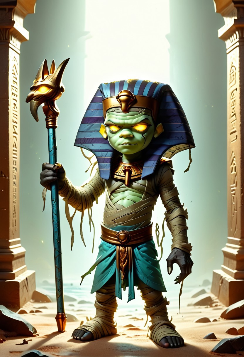 1boy, solo focus, Green Skin, Yellow Eyes, Egyptian Headdress, Mummy, Bandages, Loincloth, holding a staff, egyptianworld, dark aura, dark tomb, ancient Egyptian hieroglyphics, Glowing Runes, dr4maticessence, dramaticessence,