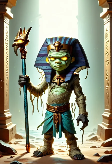1boy, solo focus, Green Skin, Yellow Eyes, Egyptian Headdress, Mummy, Bandages, Loincloth, holding a staff, egyptianworld, dark aura, dark tomb, ancient Egyptian hieroglyphics, Glowing Runes, dr4maticessence, dramaticessence,