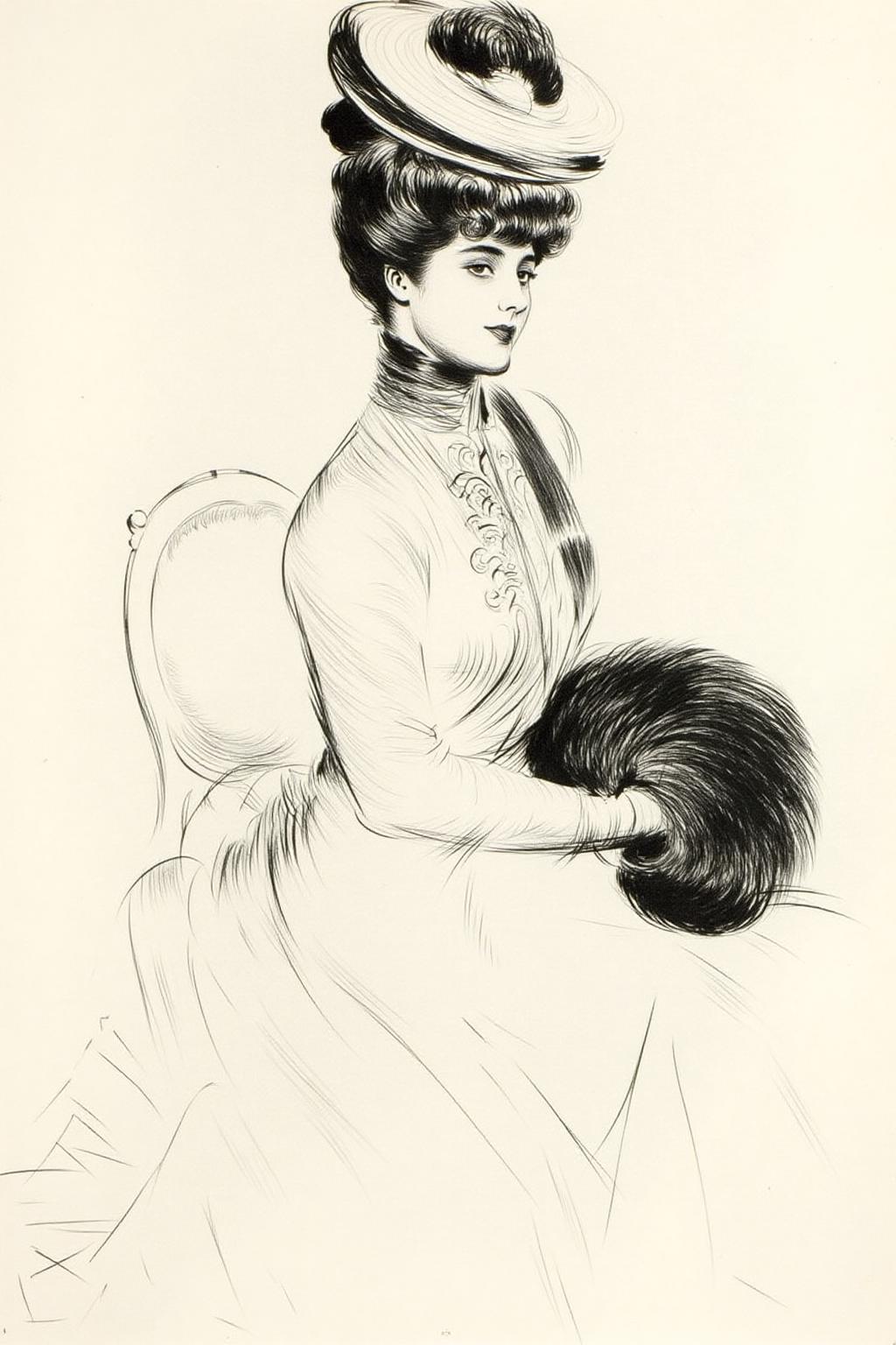 paulcesarhelleu1 illustration. 
A monochrome drawing of a woman sitting on a chair, wearing a long, flowing dress with a high collar and intricate detailing. Her hair is styled in an elaborate updo with a large decorative hat. She holds a large, fluffy fur muffs in her lap. <lora:paulcesarhelleu1_cap_d6a3e11:1.0><lora:844382178310823498:0>