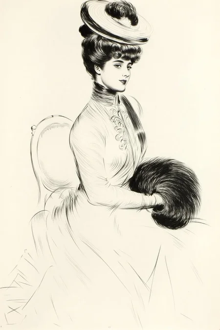 paulcesarhelleu1 illustration.
A monochrome drawing of a woman sitting on a chair, wearing a long, flowing dress with a high collar and intricate detailing. Her hair is styled in an elaborate updo with a large decorative hat. She holds a large, fluffy fur muffs in her lap. <lora:paulcesarhelleu1_cap_d6a3e11:1.0><lora:844382178310823498:0>