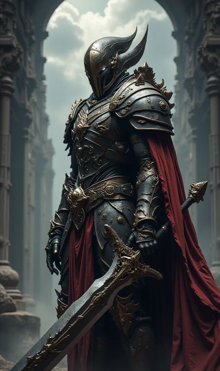 A portrait of a alien king wearing an alien armor and holding a giant alien sword, cape, alien castle, high details, 4k, cinematic, FredFraiStyle