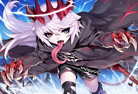 Score_9, Score_8_up, Score_7_up, Score_6_up, Score_5_up, Source_anime, rating_safe, 1boy, Vandelieu, emotionless face, white hair, heterochromia, red and blue eyes, black shirt, black shorts, black trenchcoat, walking, looking at viewer, {{{claw, sharp nails, very long fingernails:2}}}, claw pose, seraph wings, 6 wings, red crown halo, demon horns, ram horns, open mouth,very long tongue, tongue attack viewer, dark kingdom, dutch angle